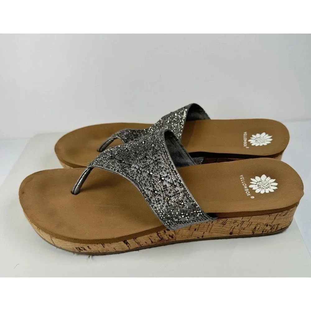 Yellow Box Crystal Wedge Sandals Sz 7 Silver Glitter Rhinestone‎ Flip Flops - Picture 8 of 16